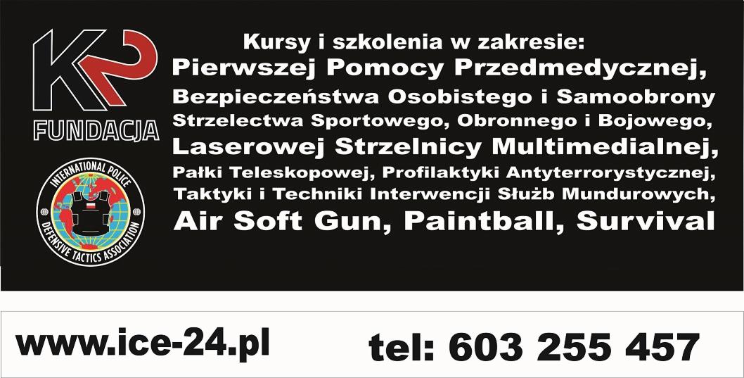 Grafika reklamowa fundacji oferującej kursy i szkolenia z zakresu pierwszej pomocy, bezpieczeństwa osobistego, strzelectwa, taktyki interwencji, air soft gun, paintball i survivalu; widoczne logo...