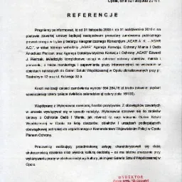 Skan dokumentu referencyjnego dla firmy AGAR, świadczącej usługi ochrony obiektów, mienia i personelu Galerii Sztuki Współczesnej w Opolu, z podpisem dyrektora Anny Potockiej i pieczęcią.