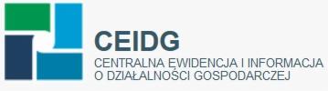 Logo CEIDG (Centralna Ewidencja i Informacja o Działalności Gospodarczej) z abstrakcyjnym, czteroczęściowym symbolem w kolorach zielonym, niebieskim i granatowym.