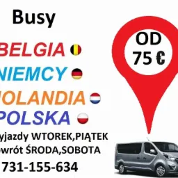 Grafika reklamowa z szarym vanem, informująca o wyjazdach do Belgii, Niemiec, Holandii i Polski, z ceną od 75 euro, numerem telefonu i dniami wyjazdów i powrotów.