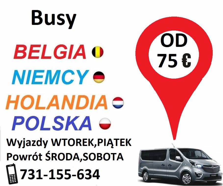 Grafika reklamowa z szarym vanem, informująca o wyjazdach do Belgii, Niemiec, Holandii i Polski, z ceną od 75 euro, numerem telefonu i dniami wyjazdów i powrotów.