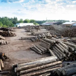 Skladowane okrąglaki drewna na placu, widoczne różne rozmiary i gatunki, w tle budynki gospodarcze i drzewa.