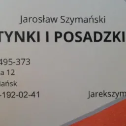 Wizytówka firmy Jarosław Szymański oferującej tynki i posadzki z numerem telefonu, adresem i NIP.