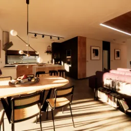 Wnętrze mieszkania: jadalnia z drewnianym stołem i rattanowymi krzesłami, otwarta na kuchnię z wyspą i salon z sofą z półkami na książki, oświetlone nowoczesną lampą wiszącą.