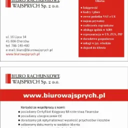 Ulotka reklamowa biura rachunkowego Wajsprych Sp. z o.o. z Chorzowa, prezentująca ofertę usług księgowych, kadrowych, zwrotu VAT z UE i innych, oraz korzyści ze współpracy, w tym certyfikat...
