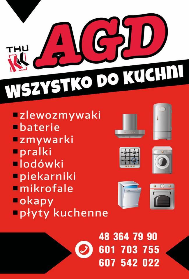 Grafika reklamowa sklepu AGD z listą produktów: zlewozmywaki, baterie, zmywarki, pralki, lodówki, piekarniki, mikrofale, okapy, płyty kuchenne oraz ilustracjami urządzeń i numerami telefonów...