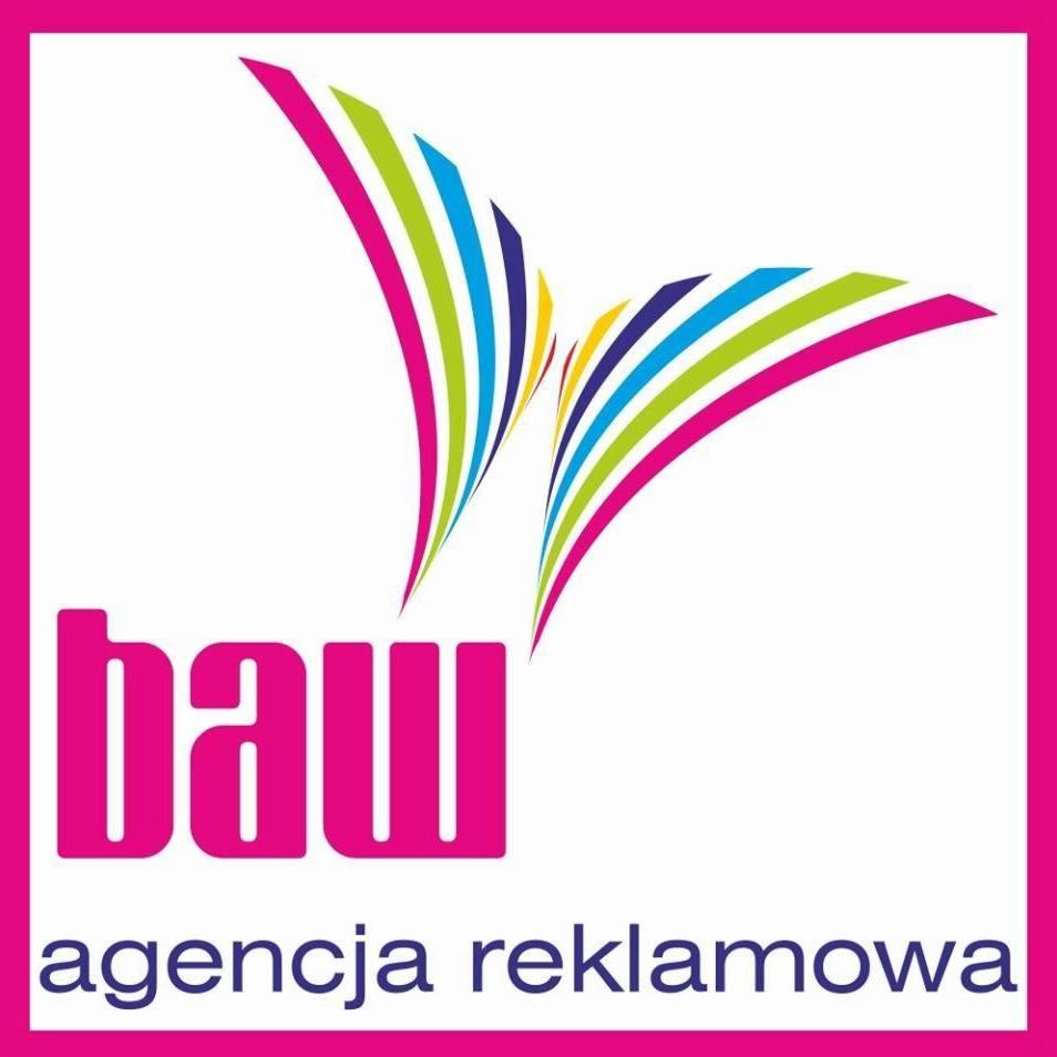 Logo agencji reklamowej 'baw' z abstrakcyjnym motywem skrzydeł w kolorach tęczy, umieszczone w różowej ramce.
