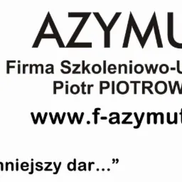Logo firmy szkoleniowo-usługowej Azymut z elementami graficznymi: pomarańczowo-niebieskie strzałki, symbol medycyny i ilustracja gracza paintballa.