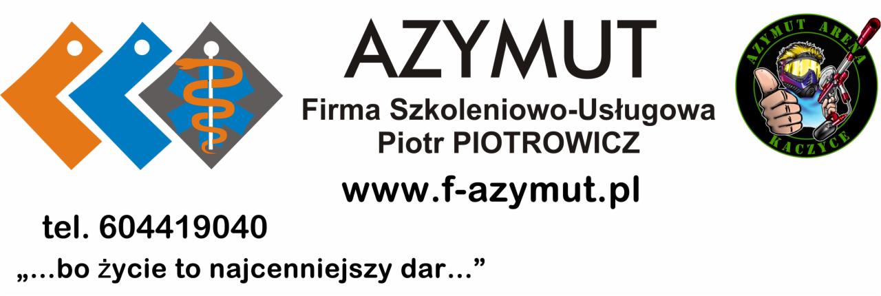 Logo firmy szkoleniowo-usługowej Azymut z elementami graficznymi: pomarańczowo-niebieskie strzałki, symbol medycyny i ilustracja gracza paintballa.