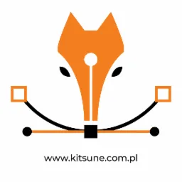 Ilustracja wektorowa przedstawiająca pomarańczową głowę lisa stylizowaną na pióro, z czarnymi elementami graficznymi symbolizującymi narzędzia edycji wektorowej i adresem strony internetowej www.