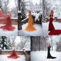 Kolaż sześciu zdjęć przedstawiających blond modelkę w różnych sukniach (czerwonej, pomarańczowej, czarnej) na tle zimowego krajobrazu z zaspami śniegu i zabytkową architekturą w tle.