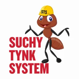Kreskówkowy mrówka w żółtym kasku z napisem STS, prezentująca logo firmy 'Suchy Tynk System' z Krakowa.
