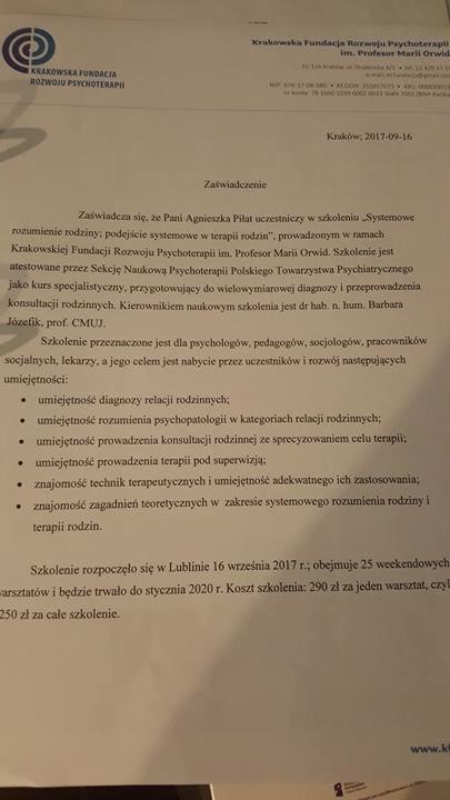 Skan zaświadczenia o uczestnictwie w szkoleniu z zakresu systemowego rozumienia rodziny, organizowanym przez Krakowską Fundację Rozwoju Psychoterapii, z wyszczególnionymi umiejętnościami nabywanymi...