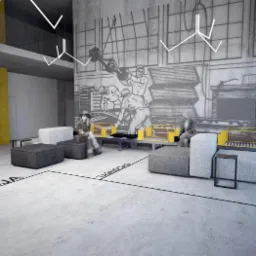 Wizualizacja loftowego biura z betonową ścianą ozdobioną industrialnym muralem, nowoczesnym oświetleniem i szarymi pufami w strefie oczekiwania.