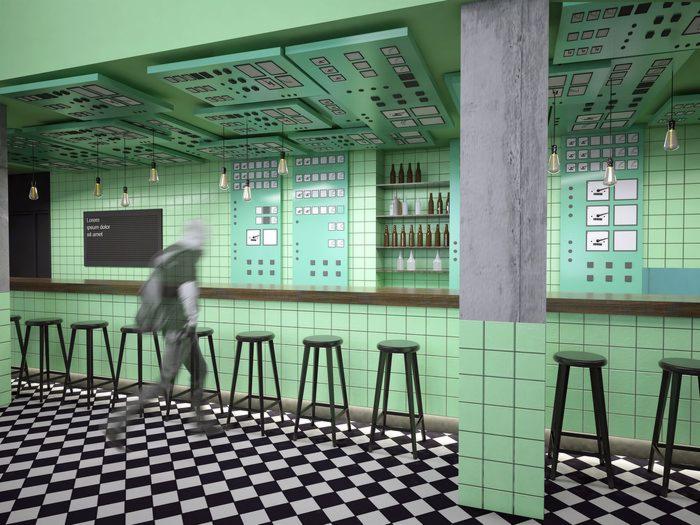 Wnętrze baru w stylu retro-futurystycznym z zielonymi płytkami, czarno-białą szachownicą na podłodze, elementami przypominającymi panele sterowania i rozmazaną sylwetką przechodzącej osoby.