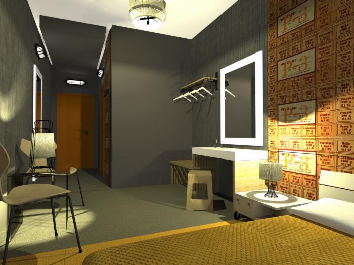 Nowoczesna sypialnia w szarościach z akcentami pomarańczowymi: wzorzysta tapeta, lustro z oświetleniem, krzesła z metalową konstrukcją, lampka nocna z ażurowym abażurem, widok na pomarańczowe drzwi...