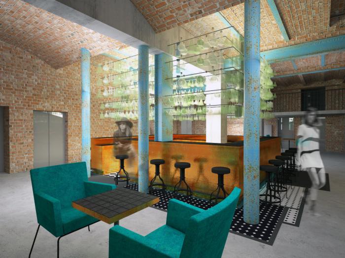 Wizualizacja wnętrza baru w stylu industrialnym z ceglanymi ścianami, turkusowymi krzesłami i metalowymi elementami konstrukcyjnymi. Na pierwszym planie stolik z czarnym blatem. W tle bar...
