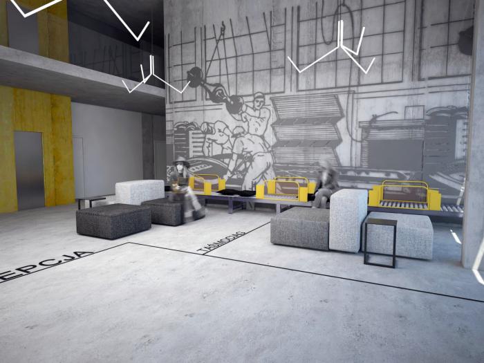 Wizualizacja loftowego biura z betonową ścianą ozdobioną industrialnym muralem, nowoczesnym oświetleniem i szarymi pufami w strefie oczekiwania.