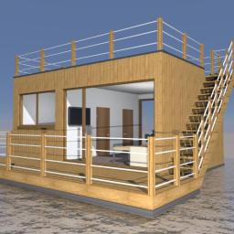 Montek Rafał Zaręba - Wizualizacja dwukondygnacyjnego domu z drewna z zewnętrznymi schodami i tarasem, umieszczonego na wodzie.