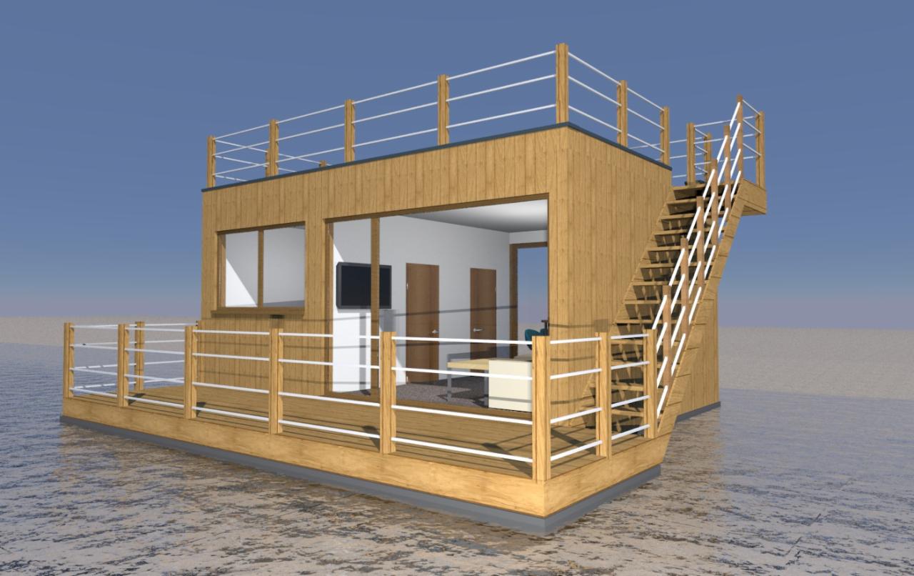 Wizualizacja dwukondygnacyjnego domu z drewna z zewnętrznymi schodami i tarasem, umieszczonego na wodzie.