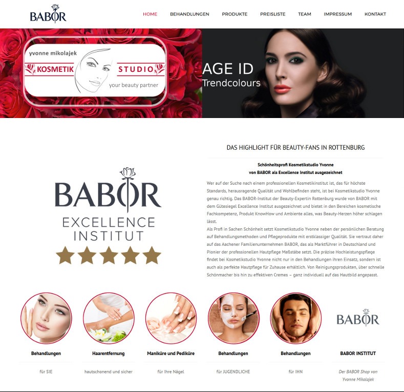 Strona internetowa marki BABOR prezentująca ofertę zabiegów kosmetycznych, od pielęgnacji twarzy po manicure, z logo firmy i zdjęciem modelki.