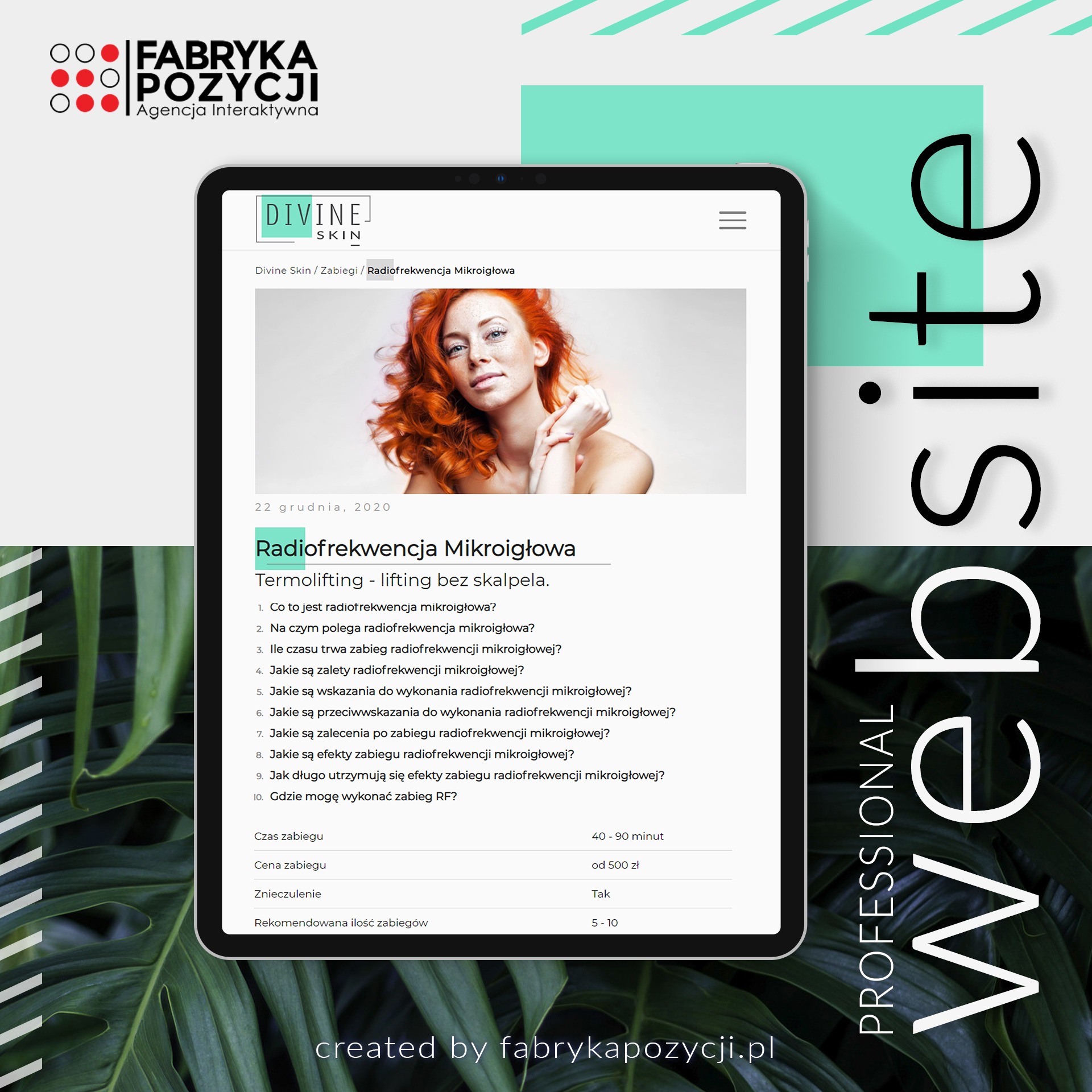 Tablet wyświetlający stronę internetową z informacjami o zabiegu radiofrekwencji mikroigłowej, w tle liście roślin i napis 'Professional Website'.