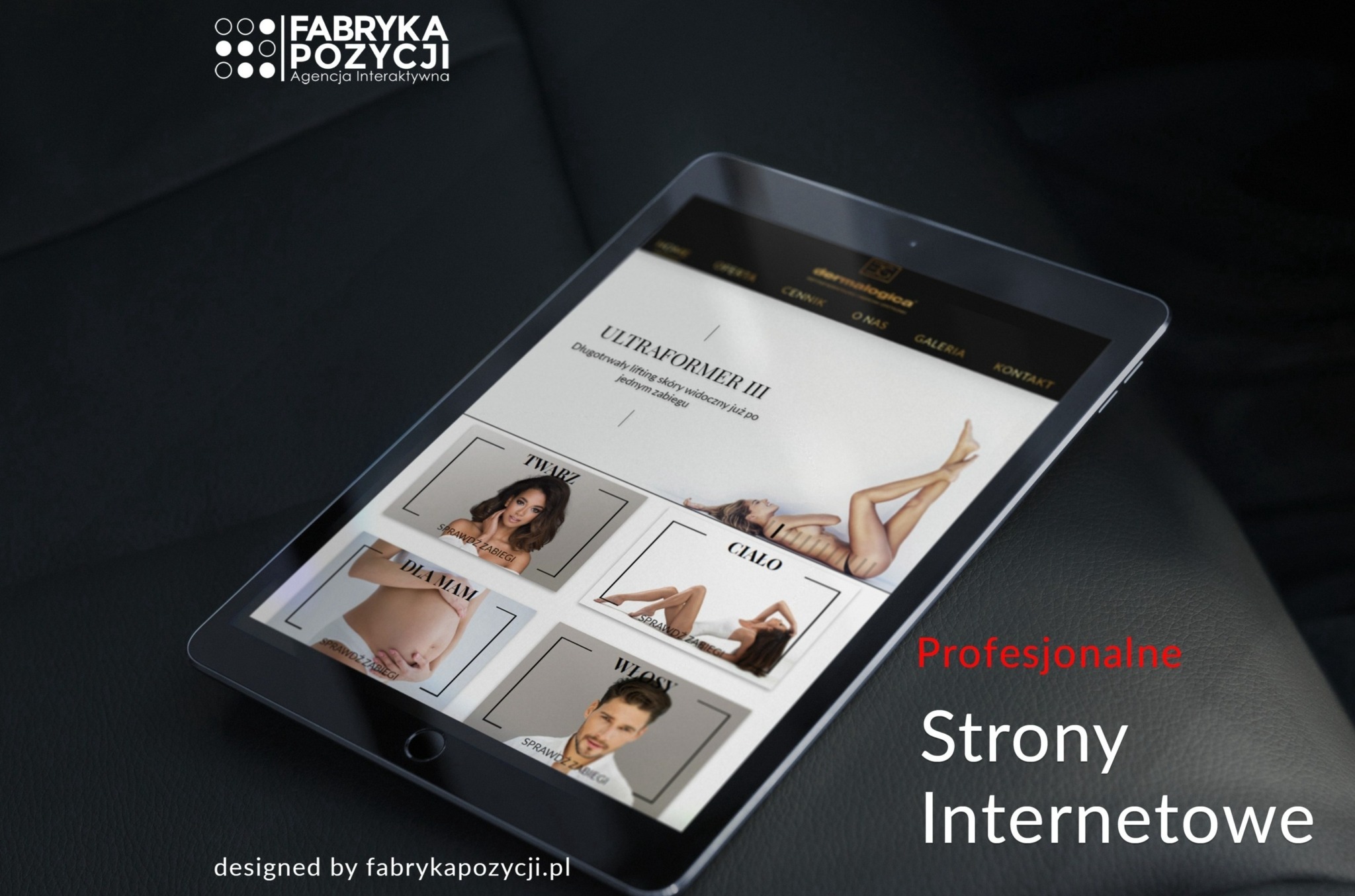 Tablet wyświetla stronę internetową z minimalistycznym designem, prezentującą ofertę zabiegów kosmetycznych z podziałem na kategorie: twarz, ciało, włosy i dla mam. Strona należy do marki...