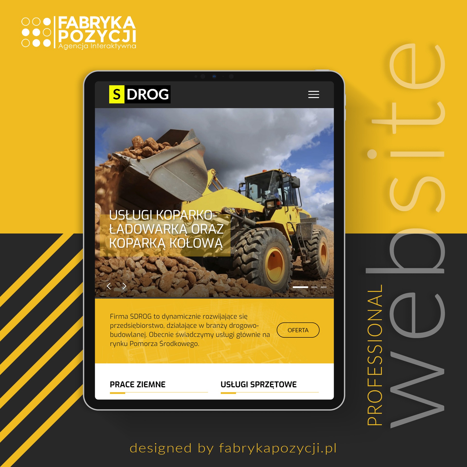 Tablet prezentuje stronę internetową firmy S Drog z żółtą koparko-ładowarką na tle nieba, z tekstem 'Usługi koparko-ładowarką oraz koparką kołową' i informacjami o ofercie na Pomorzu Środkowym,...