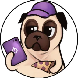 Kreskówkowy pug w fioletowej czapce trzymający fioletowy telefon z symbolem włącznika i kawałek pizzy z fioletowymi dodatkami, z melancholijnym wyrazem twarzy.