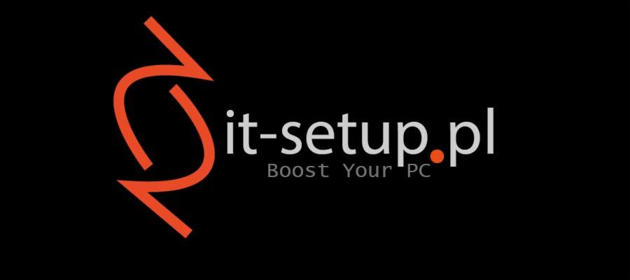 Logo firmy IT it-setup.pl z pomarańczowym symbolem graficznym i hasłem 'Boost Your PC' na czarnym tle.