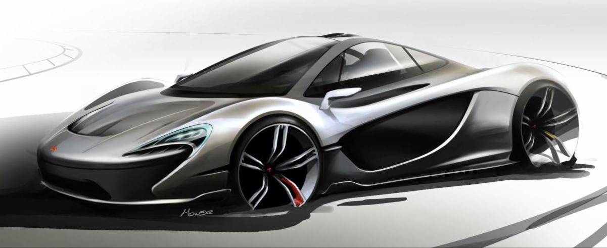 Szkic koncepcyjny sportowego samochodu o aerodynamicznej sylwetce, z widocznymi detalami felg i reflektorów, na neutralnym tle.