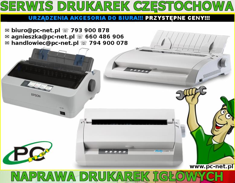 Reklama serwisu drukarek igłowych z Częstochowy prezentująca trzy różne modele drukarek igłowych i kontaktowe dane firmy.