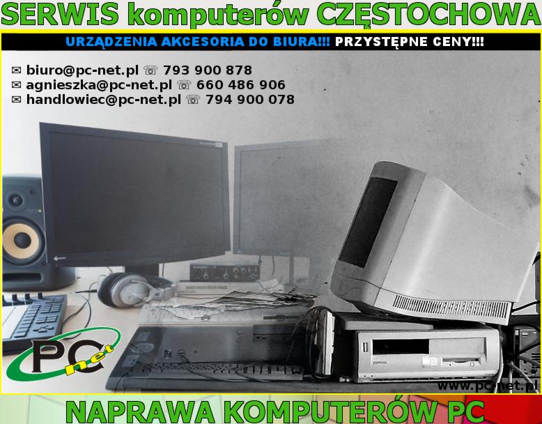 Stanowisko pracy serwisanta komputerowego: monitory CRT i LCD, głośniki, klawiatura, słuchawki, sprzęt audio, części komputerowe, widoczne dane kontaktowe firmy.