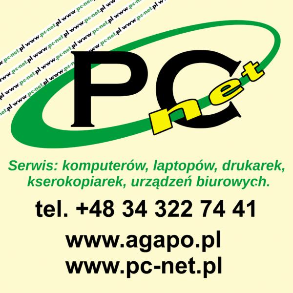 Logo firmy PC Net z zielonym akcentem i tekstem 'Serwis: komputerów, laptopów, drukarek, kserokopiarek, urządzeń biurowych', numerem telefonu i adresami stron internetowych.