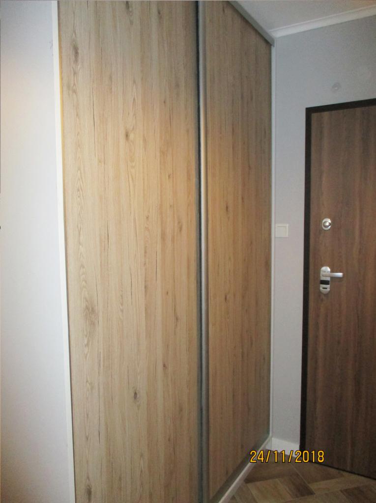 Jasna szafa przesuwna z okładziną imitującą drewno, widoczna obok ciemnych drzwi wejściowych w korytarzu.