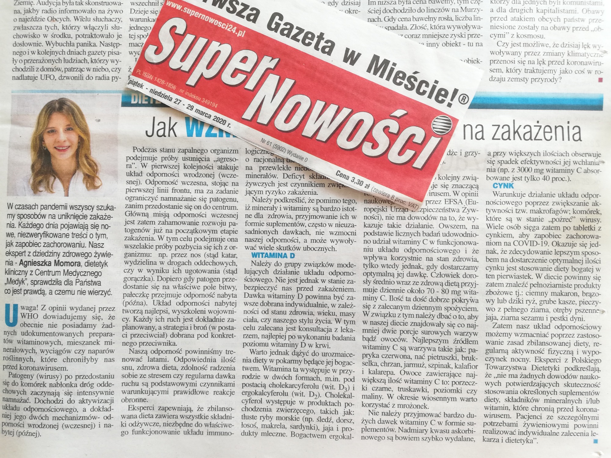 Artykuł w gazecie 'Super Nowości' z 27-29 marca 2020 roku, poświęcony tematyce zdrowia i odporności w kontekście pandemii, z wypowiedzią dietetyka klinicznego Agnieszki Momory.