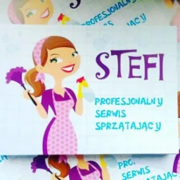 Karta wizytowa z ilustracją uśmiechniętej kobiety z brązowymi włosami w fioletowym fartuchu, trzymającej fioletową miotełkę do kurzu i spryskiwacz, obok napisu 'STEFI PROFESJONALNY SERWIS...