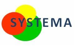 Logo firmy SYSTEMA z Kalisza, składające się z trzech nakładających się na siebie kół w kolorach: czerwonym, zielonym i żółtym. Nazwa firmy w kolorze granatowym umieszczona centralnie.