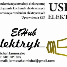 Grafika reklamowa firmy ElHub elektryk z ofertą usług elektrycznych, numerem telefonu i adresem e-mail, stylizowana na żarówkę.