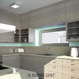 Wizualizacja kuchni z drewnianymi szafkami o widocznej strukturze, jasnym blatem i oświetleniem LED pod sufitem, z widocznym czajnikiem i filiżanką na blacie.