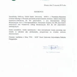 Skan dokumentu referencyjnego od Samodzielnego Publicznego Zakładu Opieki Zdrowotnej MSWiA z Warmińsko-Mazurskim Centrum Onkologii w Olsztynie, potwierdzającego przeprowadzenie szkolenia z zakresu...