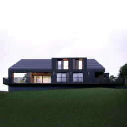 Wizualizacja nowoczesnego domu z ciemną elewacją, dużymi oknami i tarasem z metalową balustradą, wkomponowanego w zielony teren.