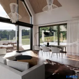 Wnętrze domu z wysokim stropem, drewnianym wykończeniem i dużymi oknami na ogród, wyposażone w szary narożnik, okrągły stolik kawowy, stół z krzesłami oraz dekoracyjny dywan ze skóry.