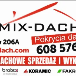 Reklama firmy MIX-DACH z Ujrzanowa oferującej sprzedaż i wykonawstwo, prezentująca logo firmy oraz logotypy producentów Finco-Stal, Bratex, Koramic, Fakro i Niagara.