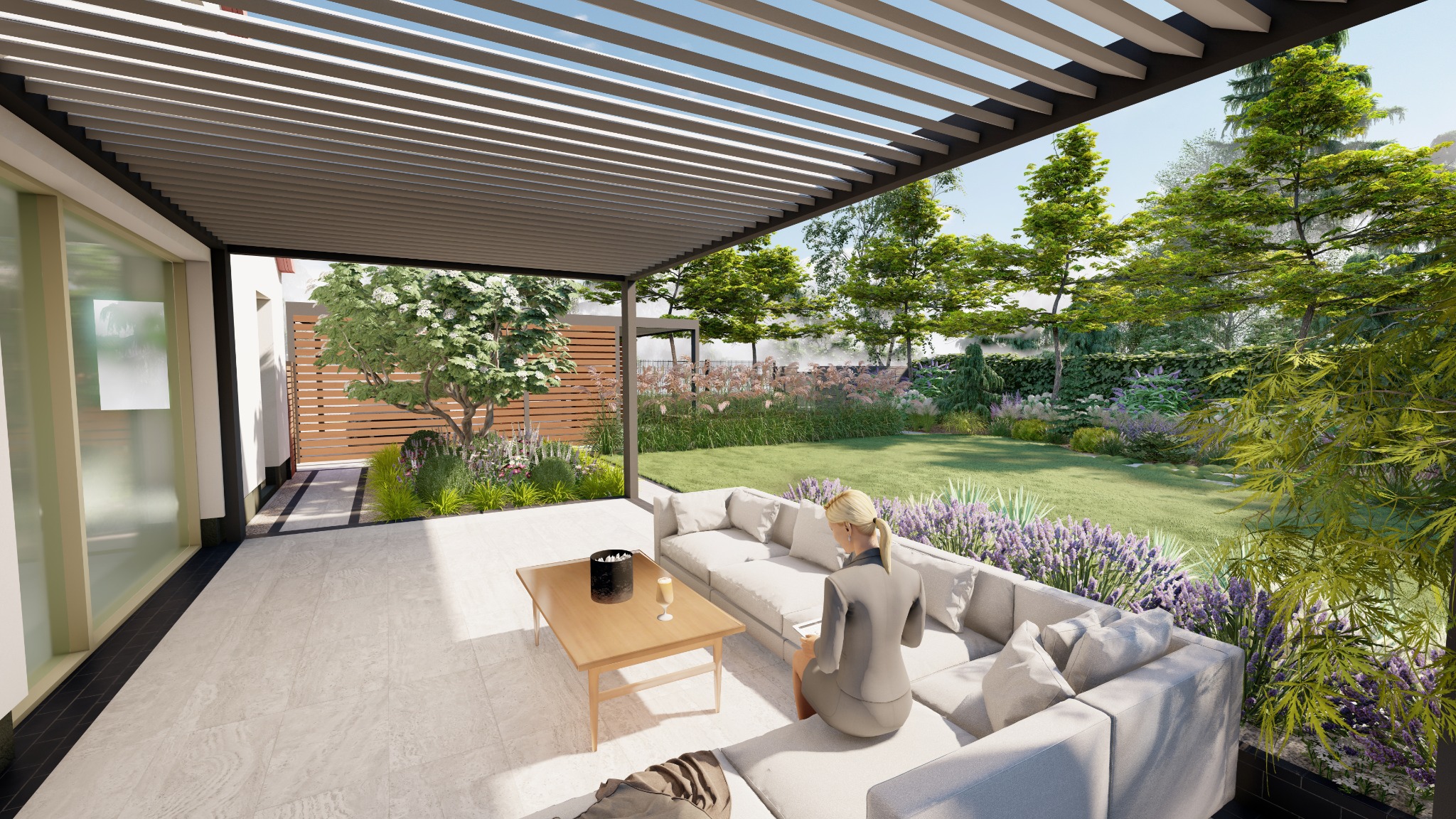 Nowoczesny taras z pergolą i białym narożnikiem, widok na zadbany ogród z kwitnącą lawendą i ozdobnymi trawami, wizualizacja.