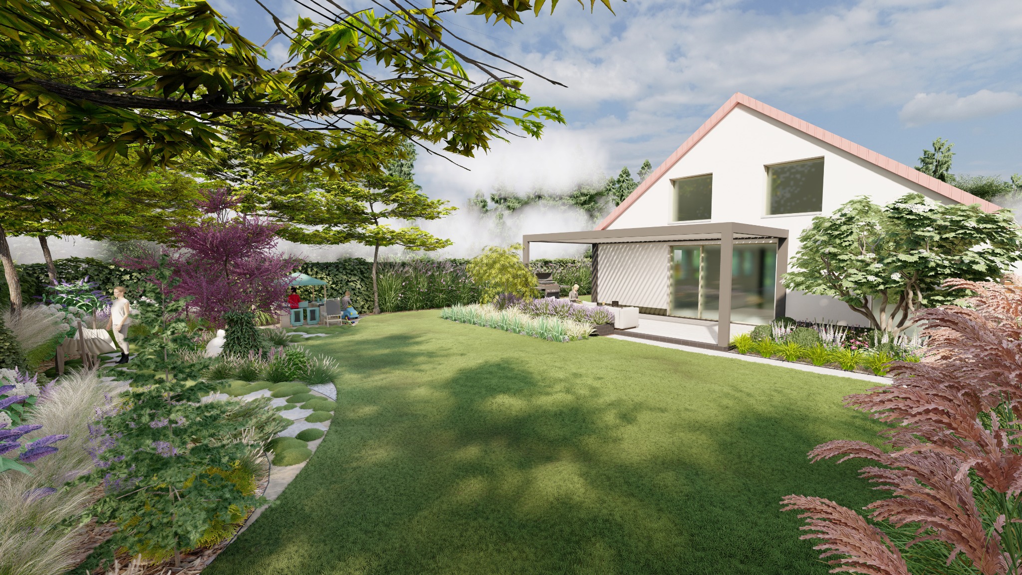 Wizualizacja ogrodu z pergolą przy domu, zielonym trawnikiem, rabatami kwiatowymi, drzewami i ścieżką z płyt.