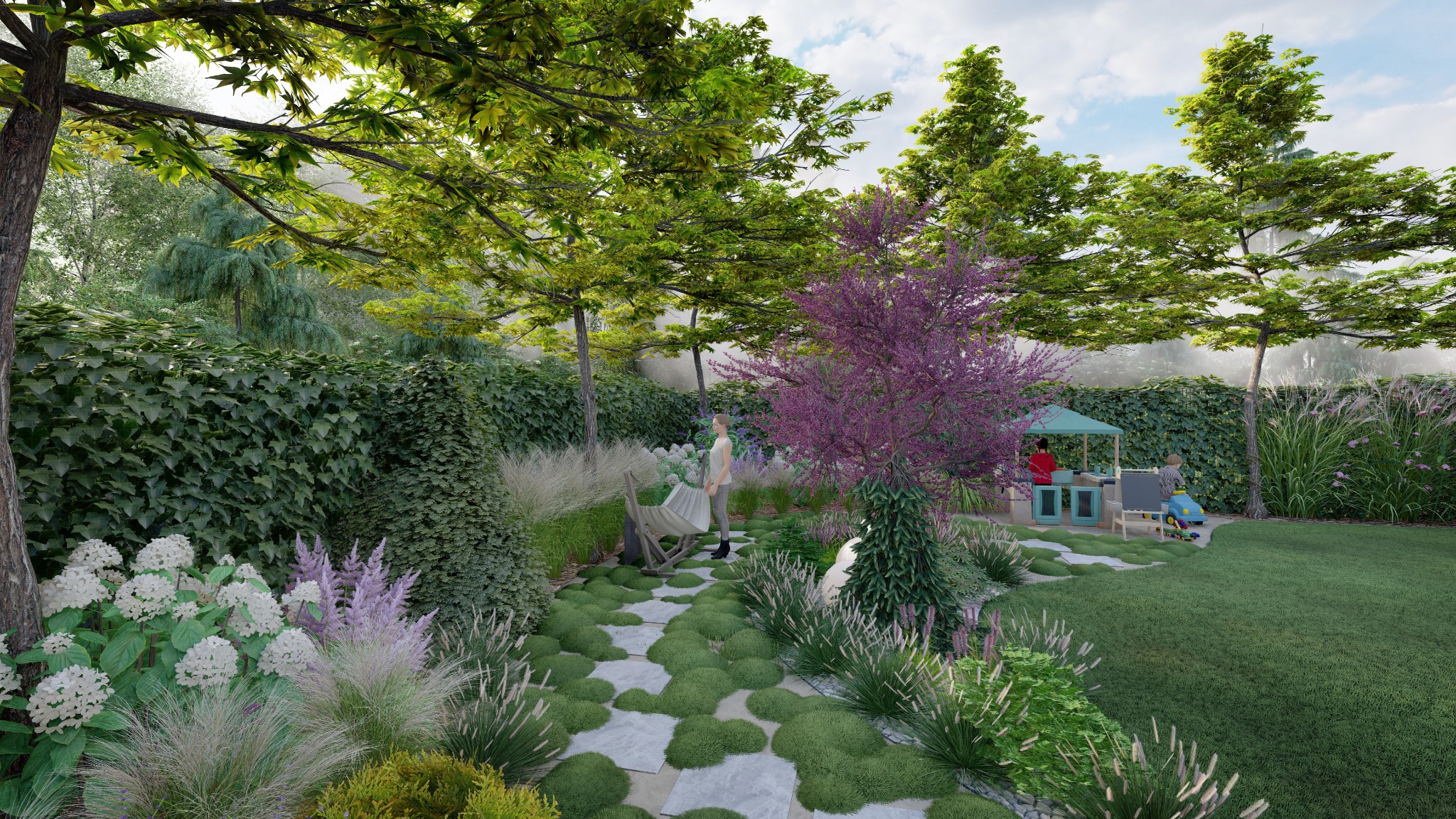 Projekt ogrodu z ścieżką z kamiennych płyt porośniętych mchem, kwitnącym drzewem o purpurowych kwiatach oraz miejscem zabaw dla dzieci z domkiem i tablicą.