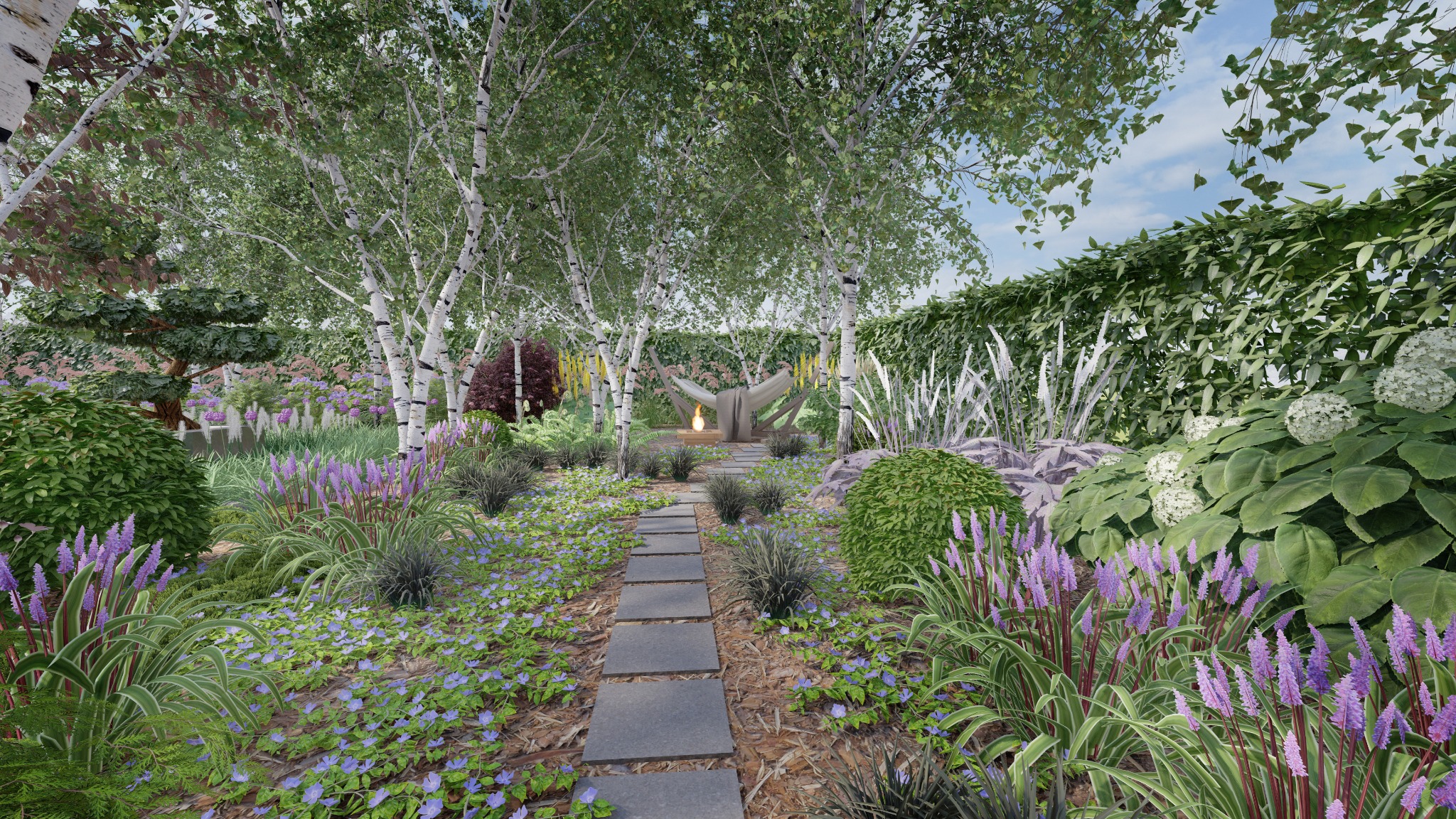 Wizualizacja ogrodu w Zielonej Górze z alejką z płyt prowadzącą do paleniska otoczonego rzeźbą, wśród kwitnących roślin i drzew.