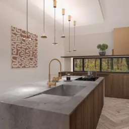 Wizualizacja nowoczesnej kuchni z wyspą z betonu architektonicznego, złotą armaturą i widokiem na las za oknem.