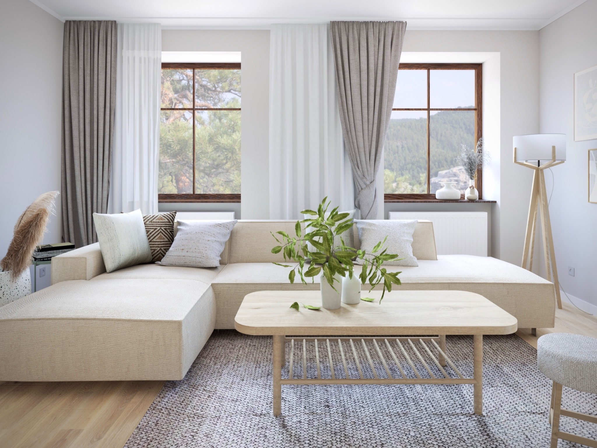 Jasny salon z narożną sofą, drewnianym stolikiem kawowym z rośliną w wazonie, dywanem w neutralnych kolorach i widokiem na las za oknem.